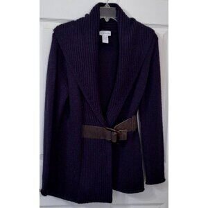 Soft Surroundings Navy Knit Wool Blend Brown Leather Belt Sweater Size Medium